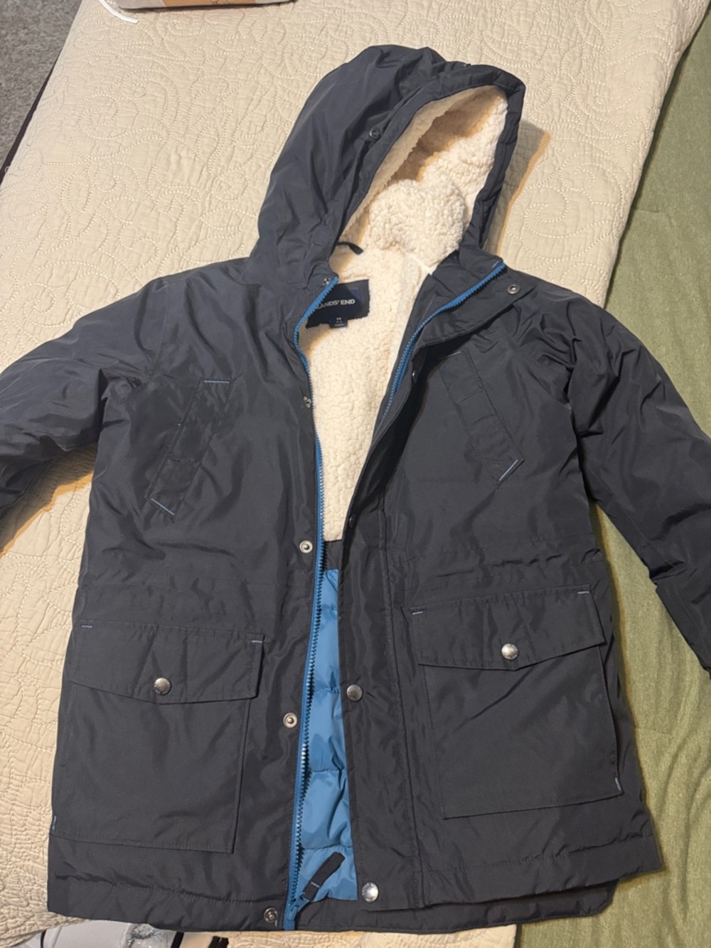 Lands' End Youth Navy Hooded Puffer with Sherpa Lining